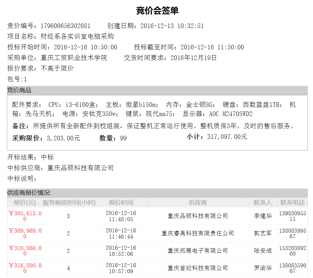 财经系各实训室电脑采购电子交易平台竞价结果